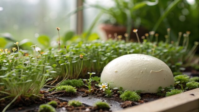 Tofu Sphere Amidst Vibrant Microgreens and Miniature Garden