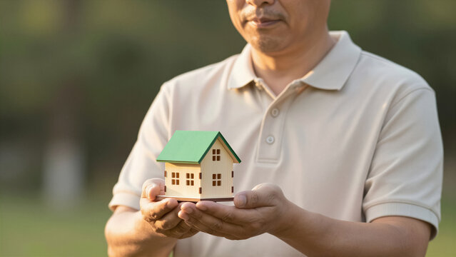Close-up of a man holding a miniature wooden house with a green roof outdoors. This image represents a real estate investment or a dream home ownership concept