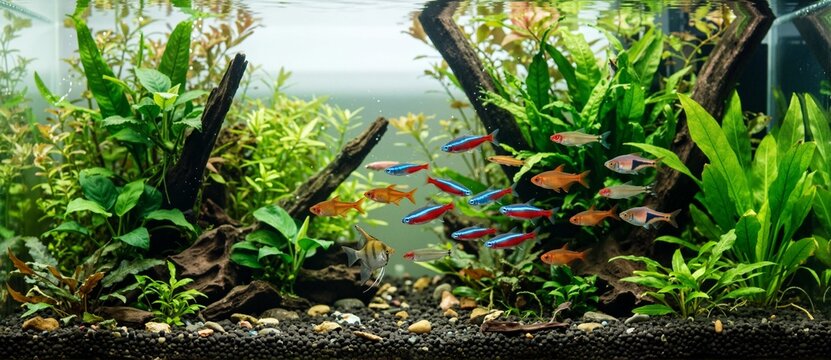 School of colorful fish swimming in a planted aquarium. Underwater aquatic ecosystem with plants and fish