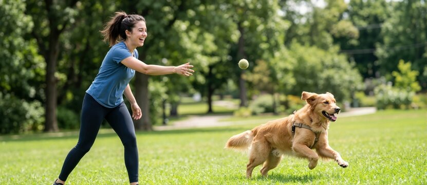 Young woman throwing a tennis ball for her Golden Retriever in a sunny park. Active pet play and fetch exercise concept