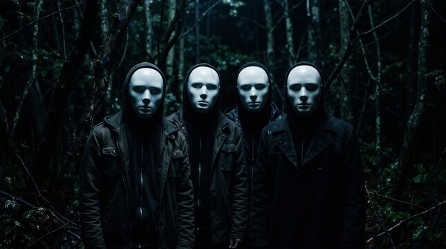 Group of four anonymous figures wearing featureless white masks in a dark forest. Creepy mysterious cult concept