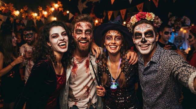 Group of happy friends in Halloween costumes taking a selfie at a party. Vampire zombie witch and sugar skull