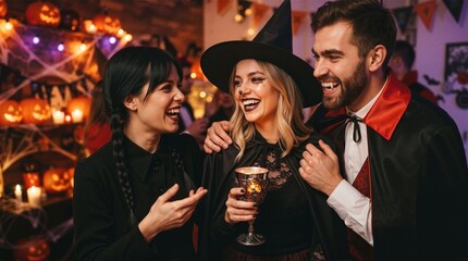 Fototapeta premium Happy friends in costumes talking and laughing at indoor Halloween party. Young adults celebrating holiday together