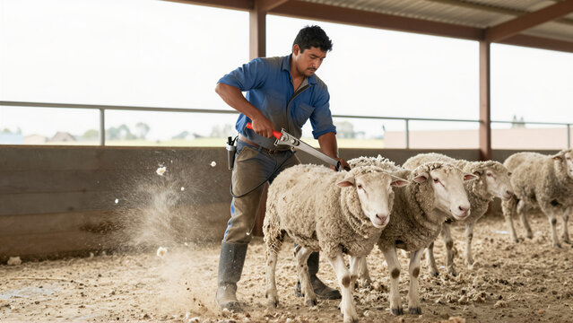 A professional farmer shearing a woolly sheep inside a rural barn. He uses a clipper to harvest fleece for the textile industry. Authentic agriculture scene