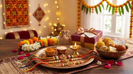 Fototapeta premium Elegant Raksha Bandhan celebration scene with colorful rakhi bracelets 