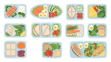 Fototapeta premium Healthy Meal Prep Lunch Box Vector Icon Set Featuring Balanced Diets with Salmon Grilled Fish Chicken Sandwiches Vegetables and Eggs