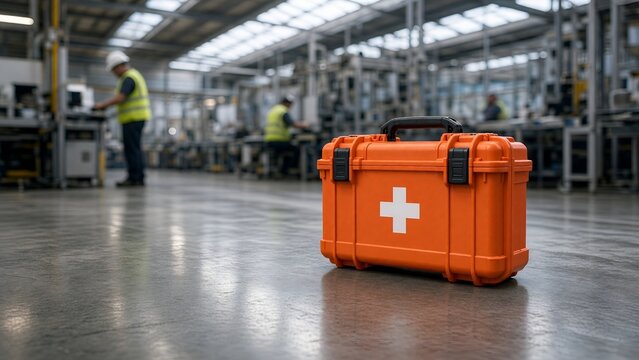 Industrial First Aid Kit Placed on the Floor of a Busy Manufacturing Factory Production Facility