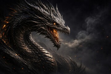 Fototapeta premium Majestic dragon in fiery darkness.