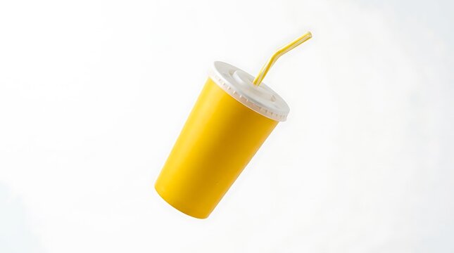 Ultra-realistic image of a yellow soda cup with a lid and straw, floating or flying in mid-air. Bright, vibrant yellow color, uniform