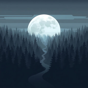 Full moon rising over a dark pine forest in pixel art style