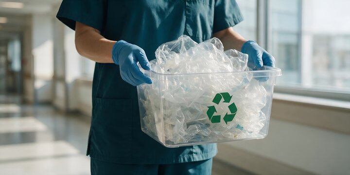 Healthcare Professional Holding a Plastic Recycling Bin for Sustainable Waste Management