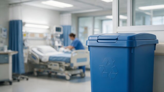 Blue Plastic Recycling Bin Placed in a Hospital Room with Medical Staff Working in Background