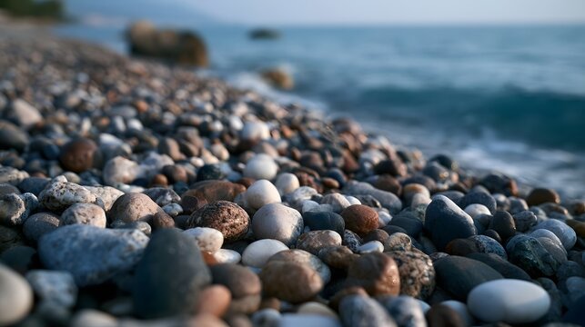 A close up view of smooth pebbles on a beach with gentle waves rolling in under soft natural light