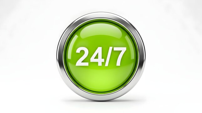 Bright green button with the text 24 7 indicating round the clock service availability