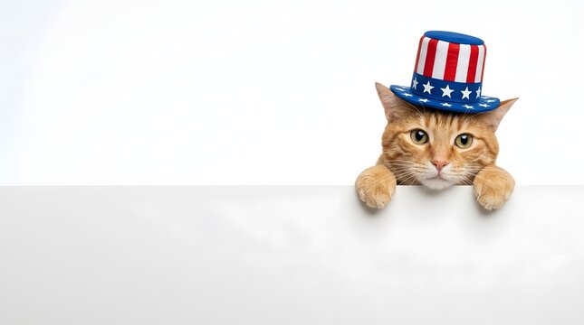 Adorable orange tabby cat peeks over a white surface wearing an uncle sam hat