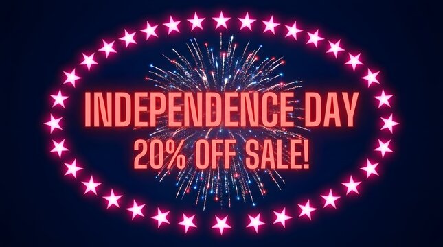 Independence day sale announcement with fireworks and starry border design