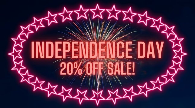 Independence day sale announcement with fireworks and starry border design