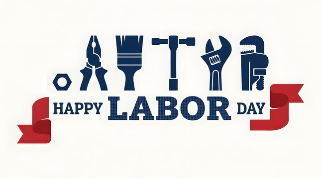 Happy labor day illustration with various tools and a red ribbon design