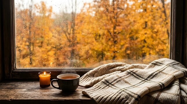 A cozy autumn scene unfolds showcasing the beauty of fall foliage viewed from a warm inviting window indoors