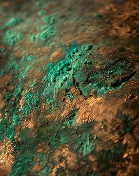 Macro photograph of weathered copper with green patina. Close-up of textured metallic surface with teal oxidation and rough details. Tactile abstract still life
