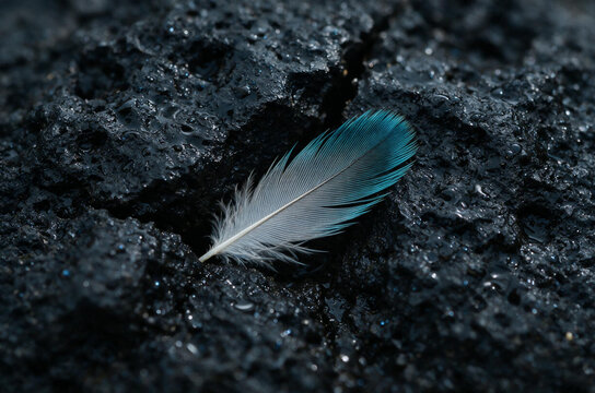 Macro photography of a delicate blue and white feather resting on wet black volcanic rock. High contrast texture of soft bird plumage against rough porous stone with water droplets