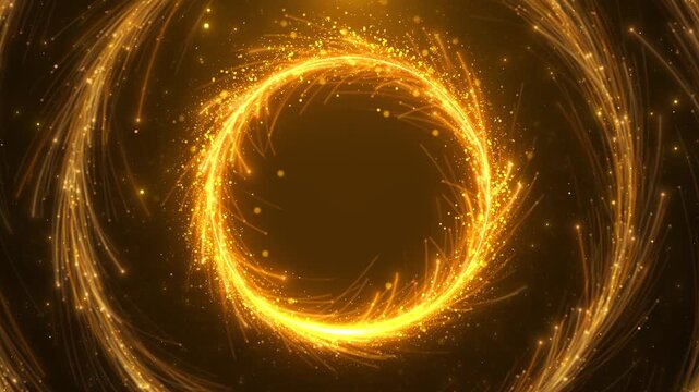 Bright golden particle ring flowing light trails, sparks, glowing dust dark background. logo reveals, energy portals, award openings, festive intros, magical effects, luxury promos circular animations
