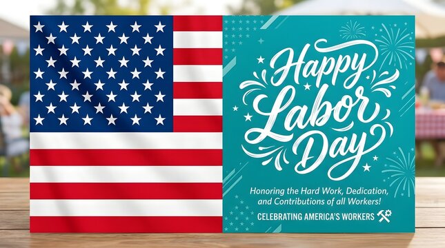 American flag with labor day greeting card on a wooden table outdoors
