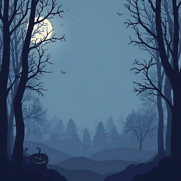 Full moon night in a dark forest with bare trees