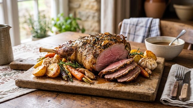 Roasted lamb leg with golden herb crust, tender sliced meat, rosemary, garlic, potatoes and carrots served on a rustic farmhouse table.
