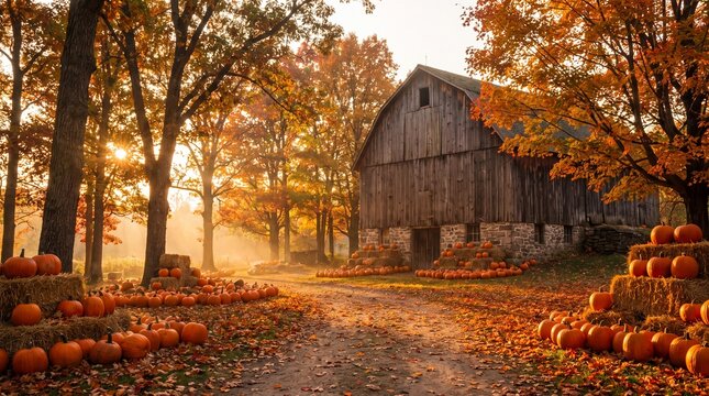 A rustic wooden barn surrounded by vibrant orange autumn foliage and pumpkins during a warm golden hour sunset scene