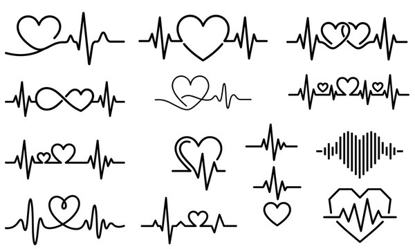 Heartbeat line icons set and heart pulse monitoring vector design elements for medical and romance concepts