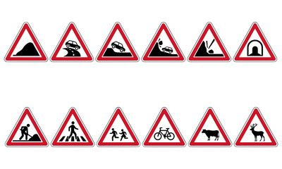 Triangular road hazard warning signs flat vector icon set