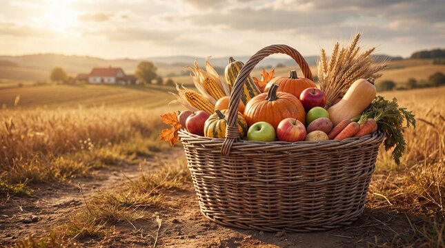 A rustic wicker basket filled with fresh autumn harvest vegetables and fruits sitting in a golden wheat field at sunset