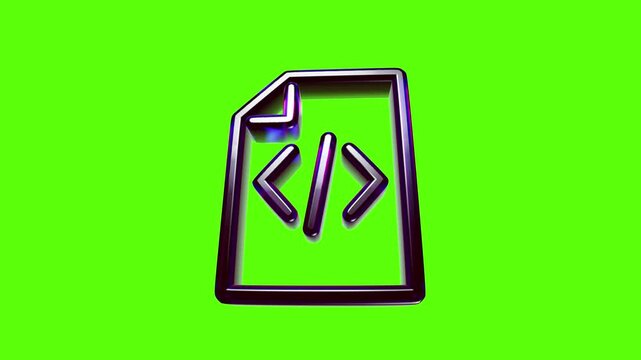 Purple 3d document icon with code programming symbols on a bright green background for software development