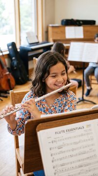 young girl practicing flute in music class with sheet music and piano in the background