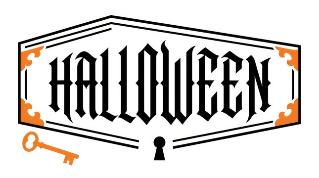Vintage halloween typographic design with ornate frame key and lock elements