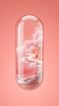dreamlike pink landscape encapsulated in a transparent pill, surreal and imaginative concept art