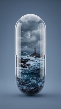 stormy lighthouse and ocean encapsulated in transparent pill on moody blue background