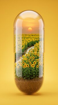 sunflower field encapsulated in glass capsule representing nature and health on yellow background