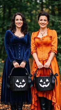 two women in halloween costumes holding baskets in a forest setting, celebrating halloween