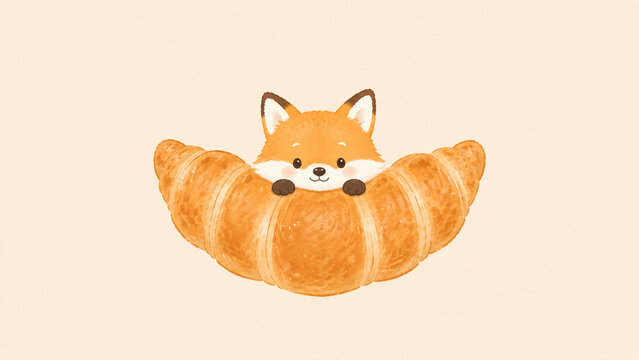 北欧風デザインのクロワッサンから顔を出すキツネのイラスト