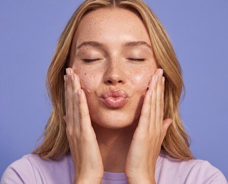 Freckled woman applying moisturizer to face with hands and puckered lips on blue background