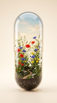 vibrant wildflowers inside transparent capsule symbolizing nature and healing concept