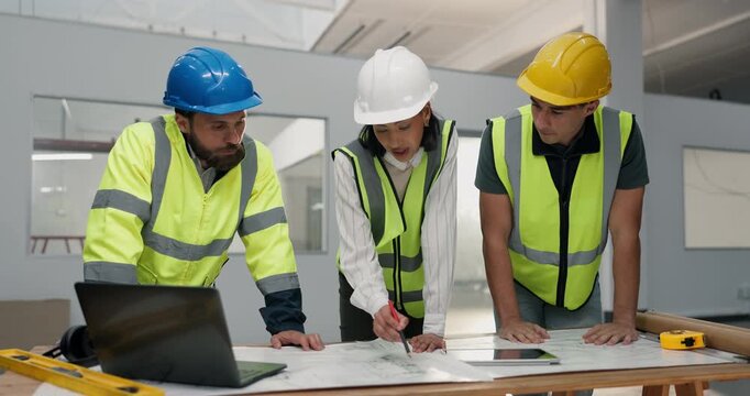 Blueprint, team and discussion with engineers at construction site for development strategy. Document, people and planning with building design for review, problem solving and layout evaluation