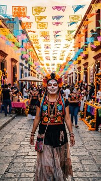day of the dead celebration with woman in traditional attire on colorful street festival scene