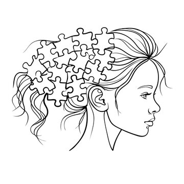 Child girl head silhouette with puzzles continuous one line symbol drawing. World autism awareness day