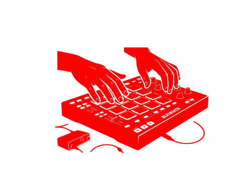 Beatmaker Hands Playing MIDI Drum Machine Silhouette Sticker. Music Producer Beatmaking Studio Icon.