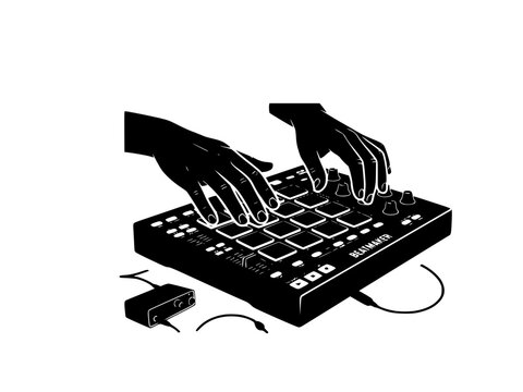 Beatmaker Hands Playing MIDI Drum Machine Silhouette Sticker. Music Producer Beatmaking Studio Icon.