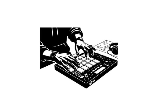 Beatmaker Hands Playing MIDI Drum Machine Silhouette Sticker. Music Producer Beatmaking Studio Icon.
