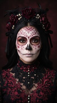 la Catrina make up ideas, woman in day of the dead makeup wearing lace dress and floral headpiece, celebrating dia de los muertos